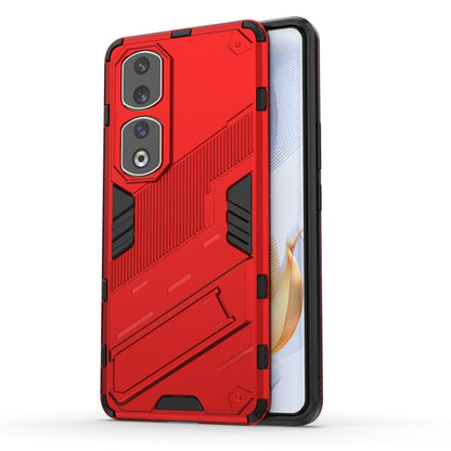 Punk armor phone case with holder, red rugged TPU PC shell with camera cutouts
