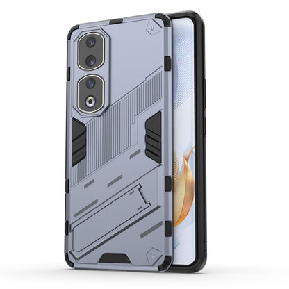 Punk armor phone case with holder, grey rugged TPU PC shell with dual camera openings