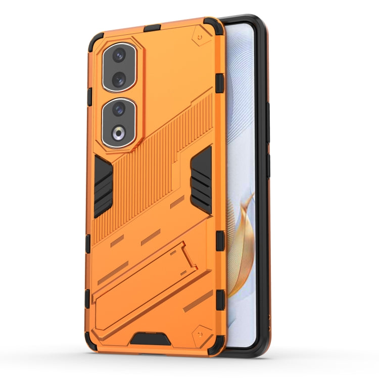 Orange rugged phone case with shockproof armor design and dual camera cutouts