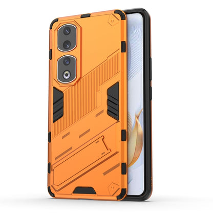 Orange rugged phone case with shockproof armor design and dual camera cutouts