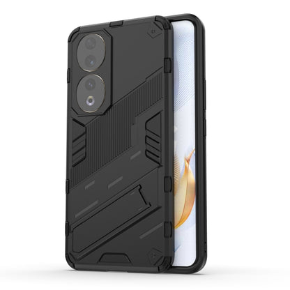 Black rugged phone case with shockproof armor design and dual camera cutouts