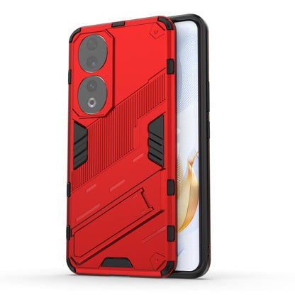 Red rugged phone case with shockproof armor design and dual camera cutouts