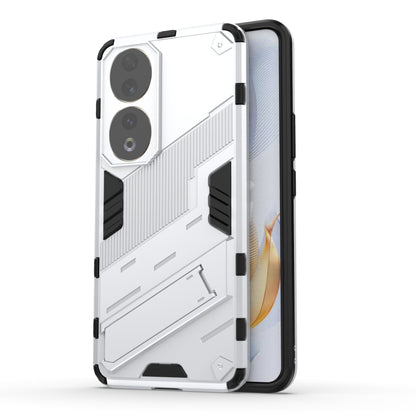 Punk armor phone case with holder, white rugged PC TPU shell with camera cutouts