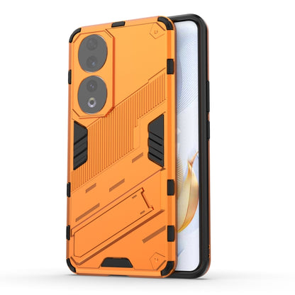 Punk armor phone case with holder, orange rugged PC TPU shell with camera cutouts