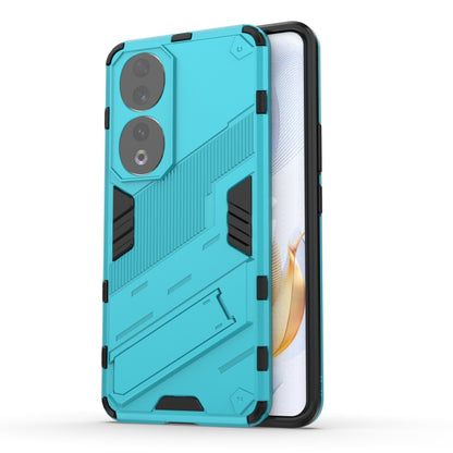 Punk armor phone case with holder, light blue rugged PC TPU shell with camera cutouts