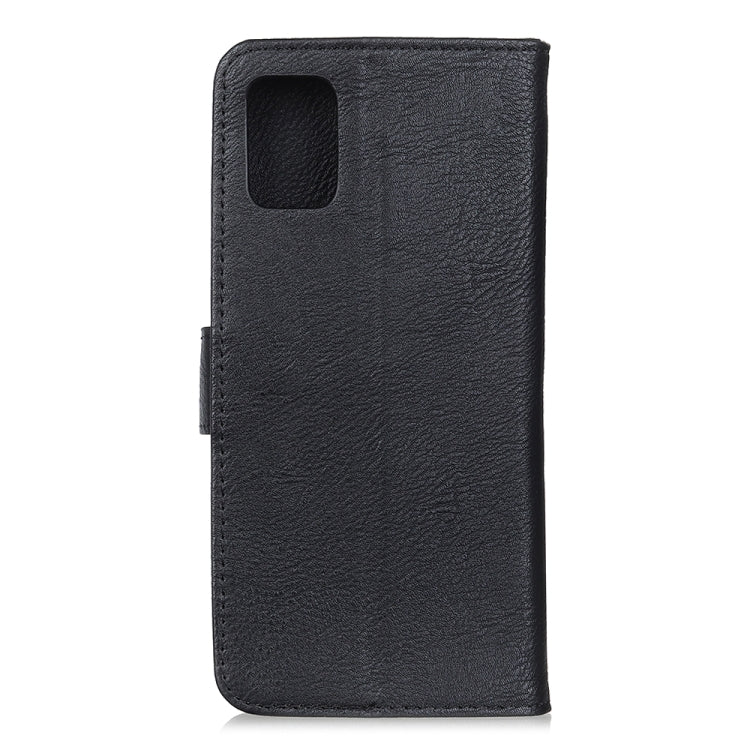 Black cowhide-texture leather phone case with cutout for camera and flip cover