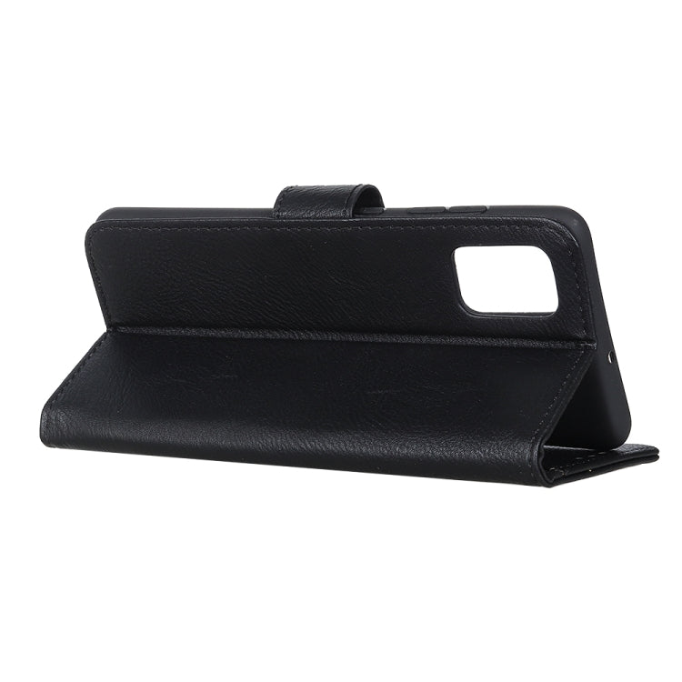 Black cowhide-texture leather flip case with top opening and secure fold