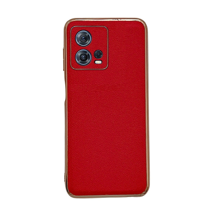 Genuine leather phone case with camera cutout, red textured leather and plated border