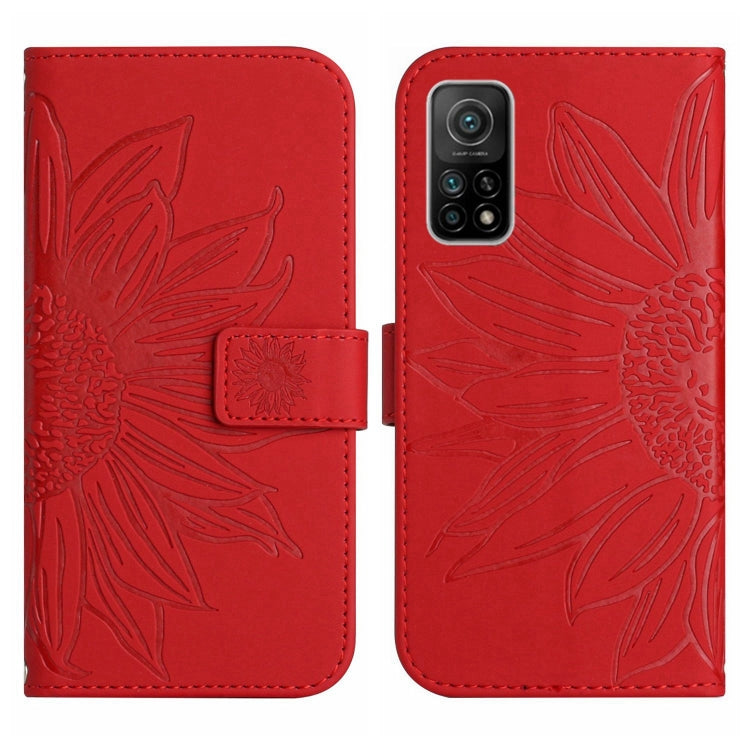 Red sunflower embossed flip leather phone case with magnetic closure and card slot pocket
