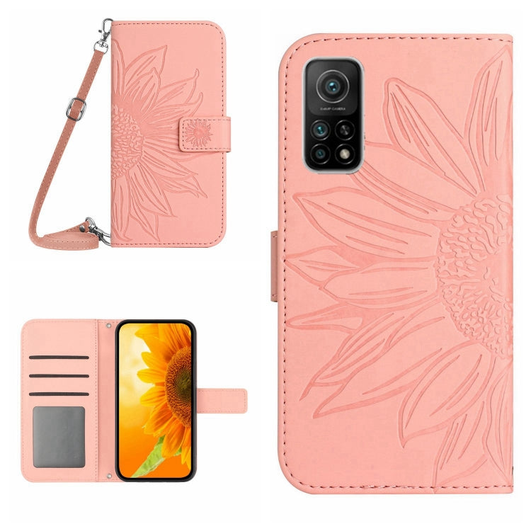 Rose pink sunflower embossed flip leather phone case with card slots and lanyard strap