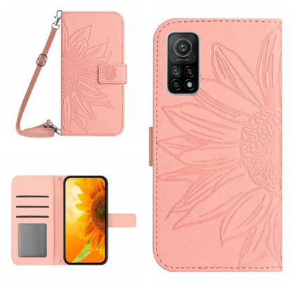 Rose pink sunflower embossed flip leather phone case with card slots and lanyard strap