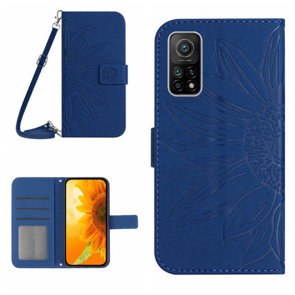 Dark blue sunflower embossed flip leather phone case with card slots and lanyard strap