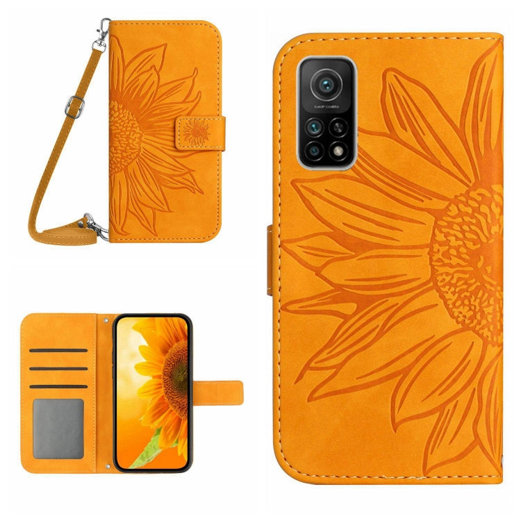 Orange flip phone case with sunflower pattern, card slots, and wrist lanyard
