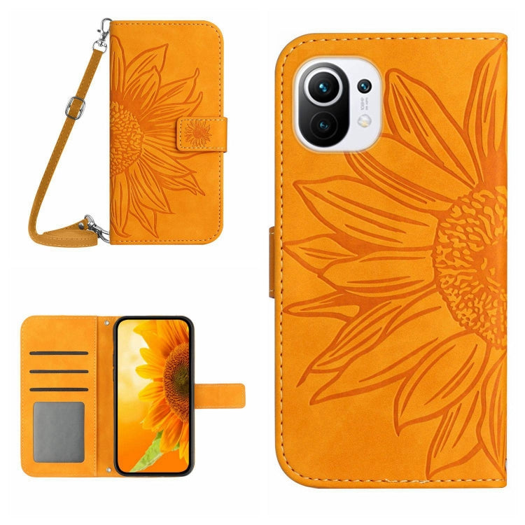 Flip leather phone case with lanyard, sunflower pattern, card slots, orange
