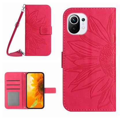Flip leather phone case with lanyard, sunflower pattern, card slots, pink