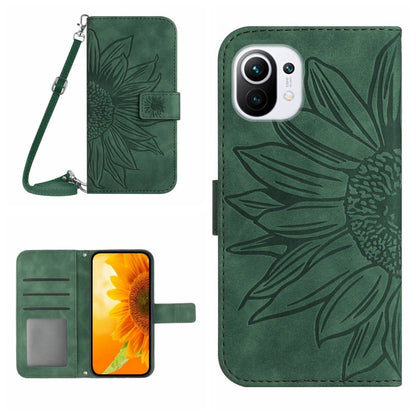 Flip leather phone case with sunflower pattern and wrist lanyard, dark green