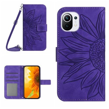 Flip leather phone case with sunflower pattern and wrist lanyard, purple