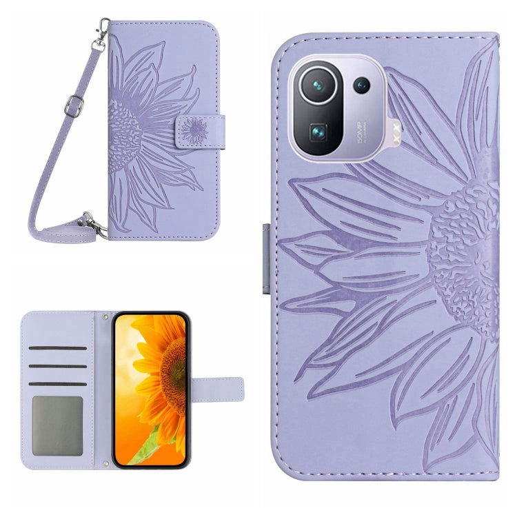 Flip leather phone case with sunflower pattern and wrist lanyard, lavender