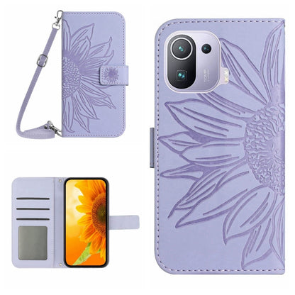 Flip leather phone case with sunflower pattern and wrist lanyard, lavender