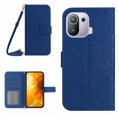 Flip leather phone case with sunflower pattern and wrist lanyard, deep blue