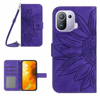Purple flip leather phone case with sunflower pattern, card slots, and wrist lanyard.