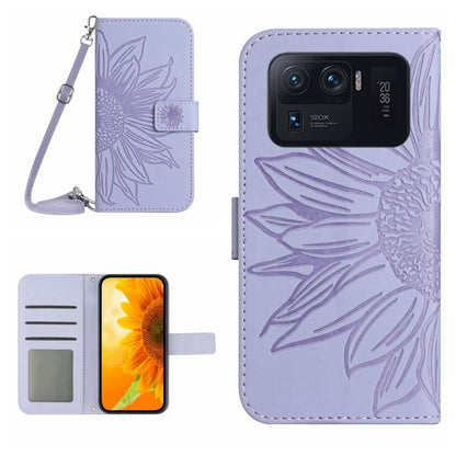Light purple flip leather phone case with sunflower pattern, card slots, and wrist lanyard.