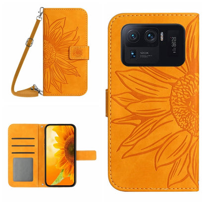 Red flip leather phone case with sunflower pattern and card slots, plus wrist lanyard.