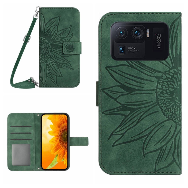 Dark green flip leather phone case with sunflower pattern, card slots, and wrist lanyard.