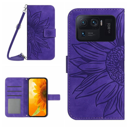 Purple flip leather phone case with sunflower pattern and card slots, with wrist lanyard.