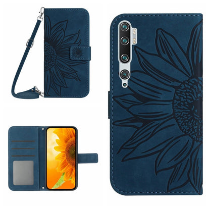Sunflower patterned flip leather phone case with lanyard, dark blue with card slot