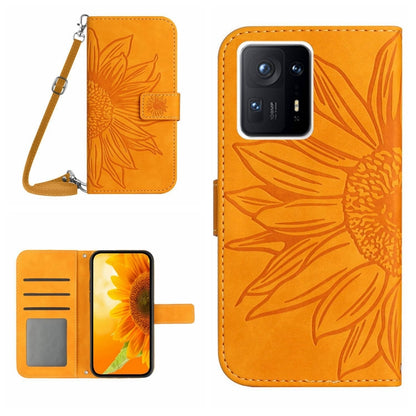 Sunflower embossed flip leather phone case with card holder and lanyard, orange red