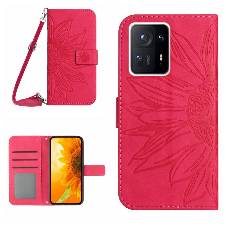 Sunflower embossed flip leather phone case with card holder and lanyard, pink