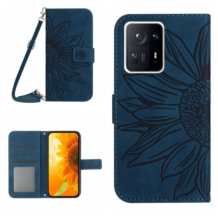 Sunflower embossed flip leather phone case with card holder and lanyard, dark blue