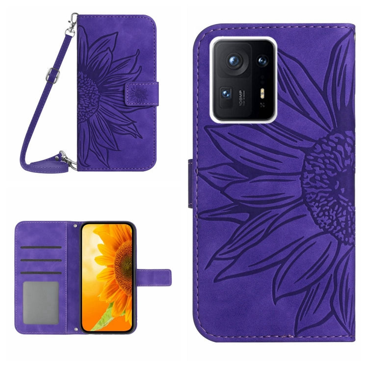 Sunflower embossed flip leather phone case with card holder and lanyard, purple
