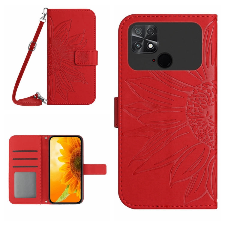 Sunflower embossed flip leather phone case with card holder and lanyard, red