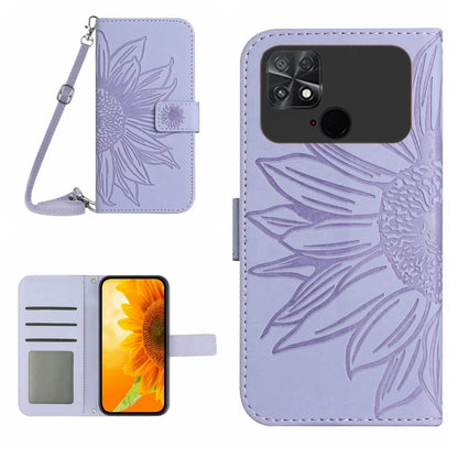 Sunflower embossed flip leather phone case with card holder and lanyard, light purple