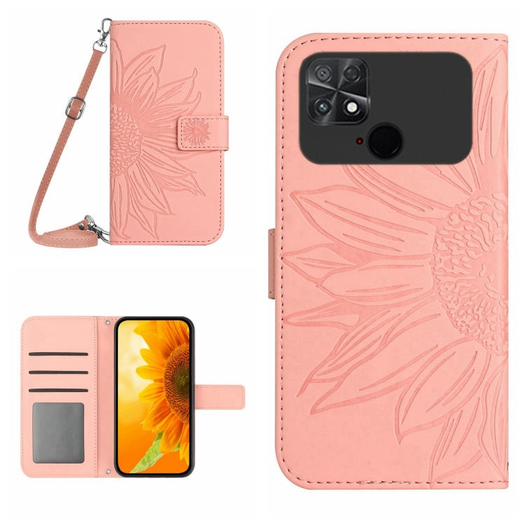 Sunflower embossed flip leather phone case with card holder and lanyard, peach pink