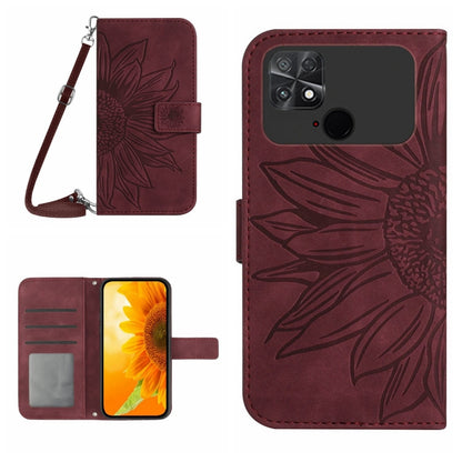 Sunflower embossed flip leather phone case with card holder and lanyard, wine red