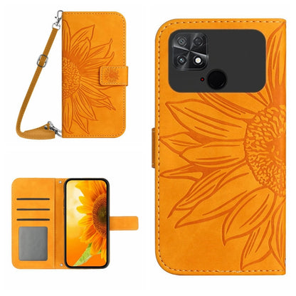 Orange flip leather phone case with sunflower pattern, lanyard strap and card slots
