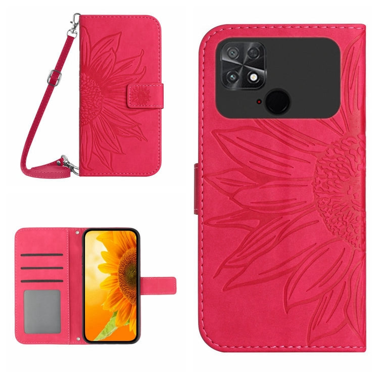 Pink flip leather phone case with sunflower pattern, lanyard strap and card slots