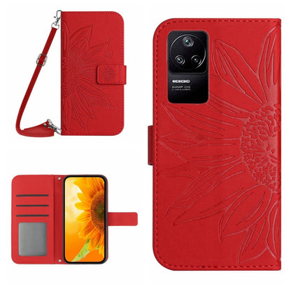 Red flip leather phone case with lanyard, sunflower pattern, front and back view