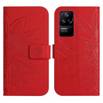 Red flip leather phone case with lanyard and embossed flower pattern, front and back