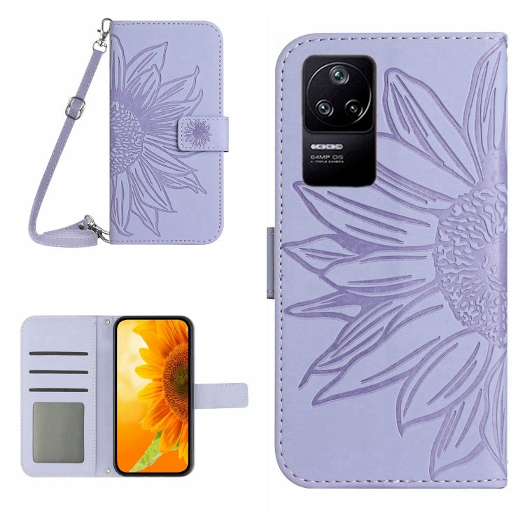 Purple flip leather phone case with lanyard, sunflower pattern, front and back view
