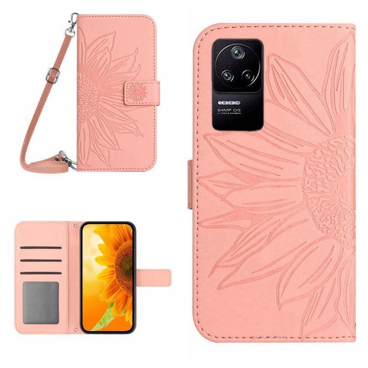 Rose pink flip leather phone case with lanyard, embossed flower pattern, front and back