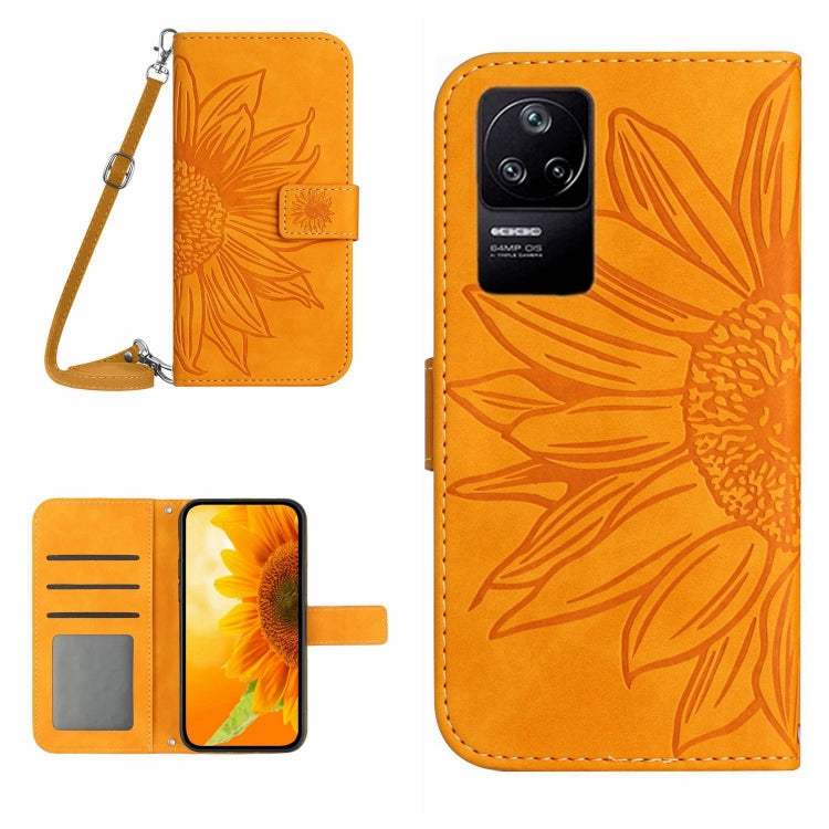 Orange flip leather phone case with sunflower pattern, card slot and wrist lanyard