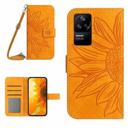 Orange flip leather phone case with sunflower pattern, card slot and wrist lanyard