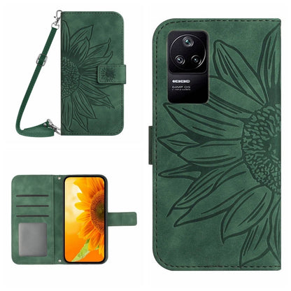 Green flip leather phone case with sunflower pattern, card slot and wrist lanyard