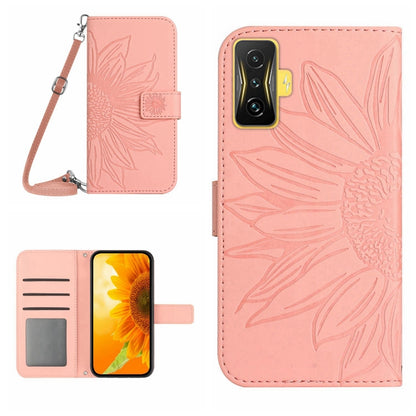 Rose pink flip leather phone case with sunflower pattern, card slot and wrist lanyard