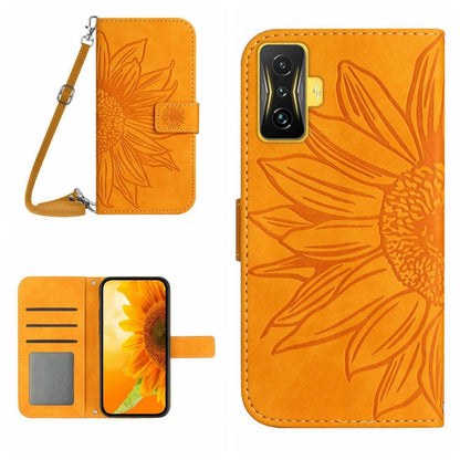 Sunflower patterned flip leather phone case with lanyard, orange, card holder