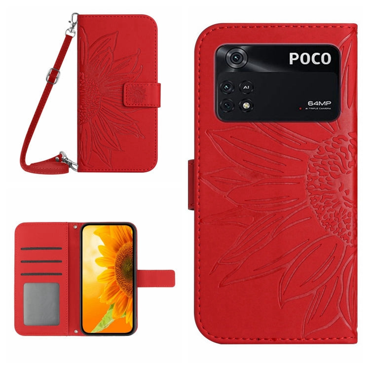 Sunflower patterned flip leather phone case with lanyard, red, POCO camera cutout